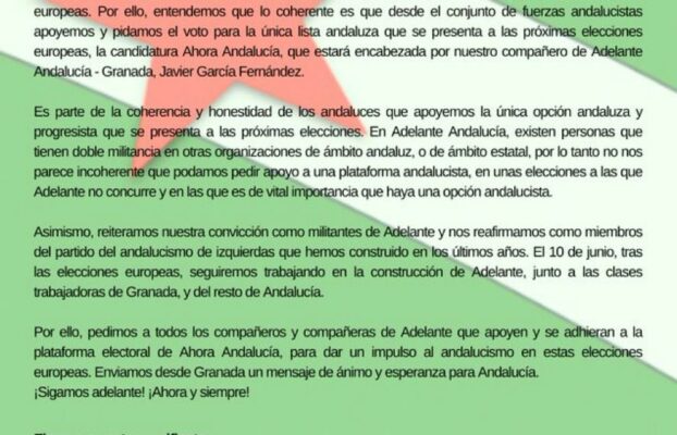 Militantes y simpatizantes de Adelante Andalucía Granada se unen y piden apoyo para la candidatura Ahora Andalucía como única candidatura andaluza en las próximas elecciones europeas.