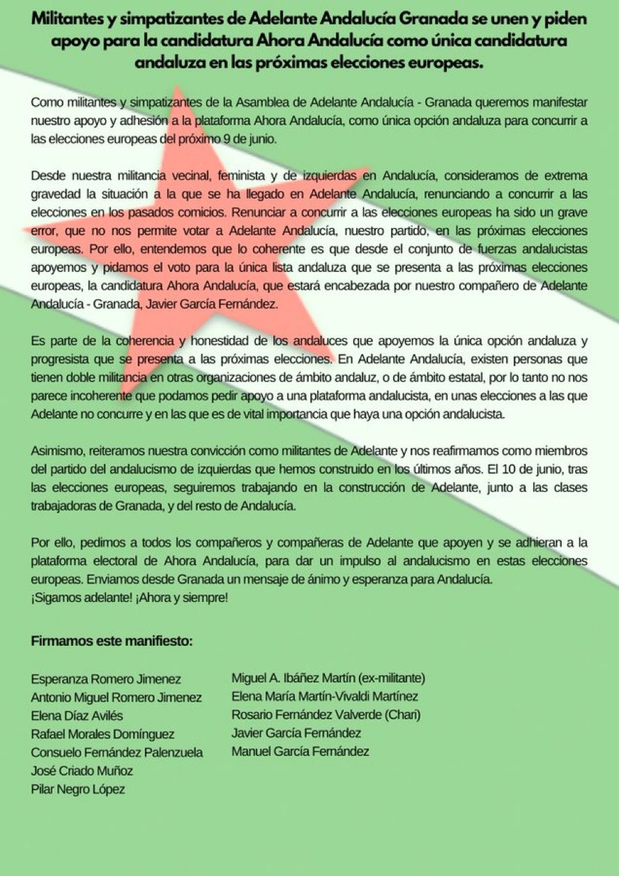 Militantes y simpatizantes de Adelante Andalucía Granada se unen y piden apoyo para la candidatura Ahora Andalucía como única candidatura andaluza en las próximas elecciones europeas.